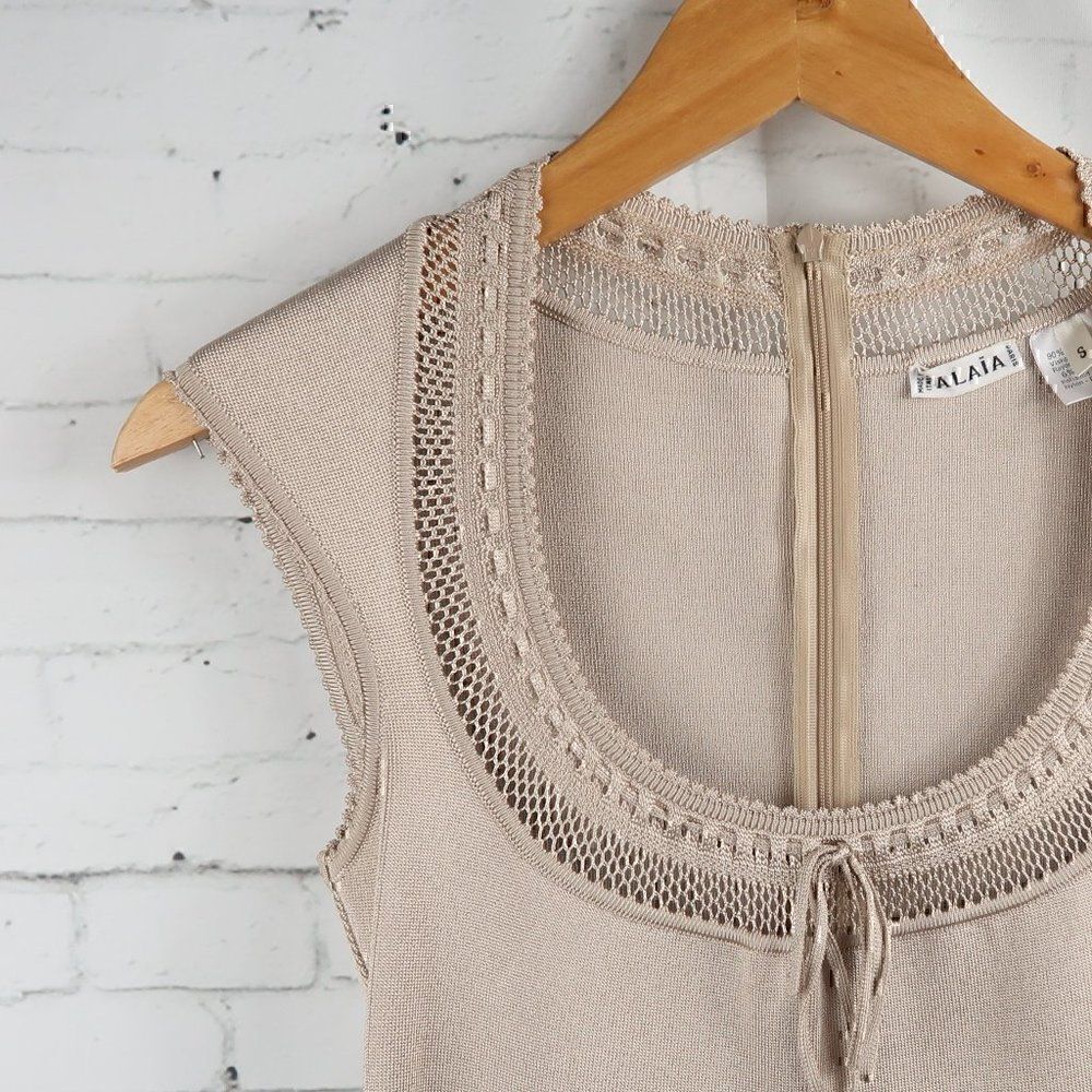 AZZEDINE ALAIA ICONIC 1993 VINTAGE SEMI SHEER CROCHET KNIT NEUTRAL/TAN DRESS - Picture 10 of 14
